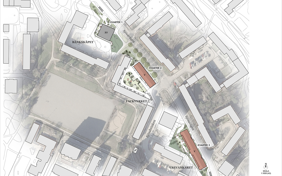 Karta som visar den nya föreslagna bebyggelsens placering längs med Sjösavägen, 